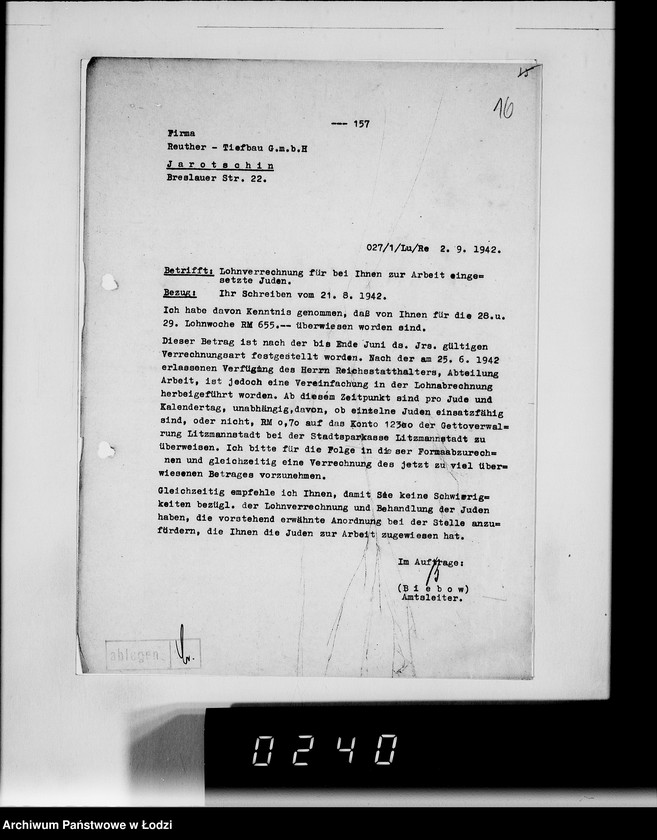 Obraz 19 z jednostki "Sonderkonto 12300. Arbeitsamt Hohensalza Lager:Amsee (Reuther- Tiefbau), Hohensalza Amsee, (Continentale Wasserwerk- Gesellschaft), Bahnhof Hohensalza (Otto Quast), Jakschitz (Otto Quast), Weidener Weiche, Reichsbahn (Otto Quast)."