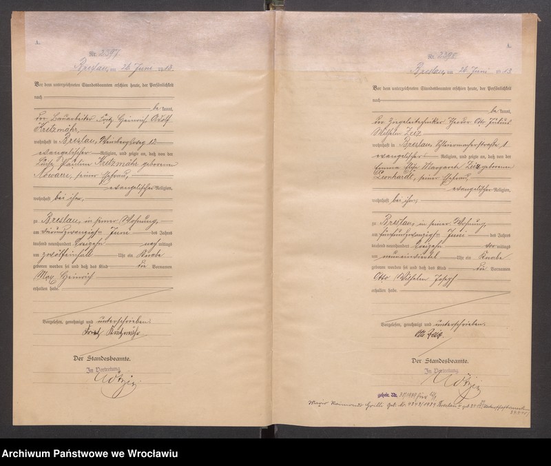 image.from.unit.number "Geburts Neben Register Standesamt Breslau III 1913 Band 7"
