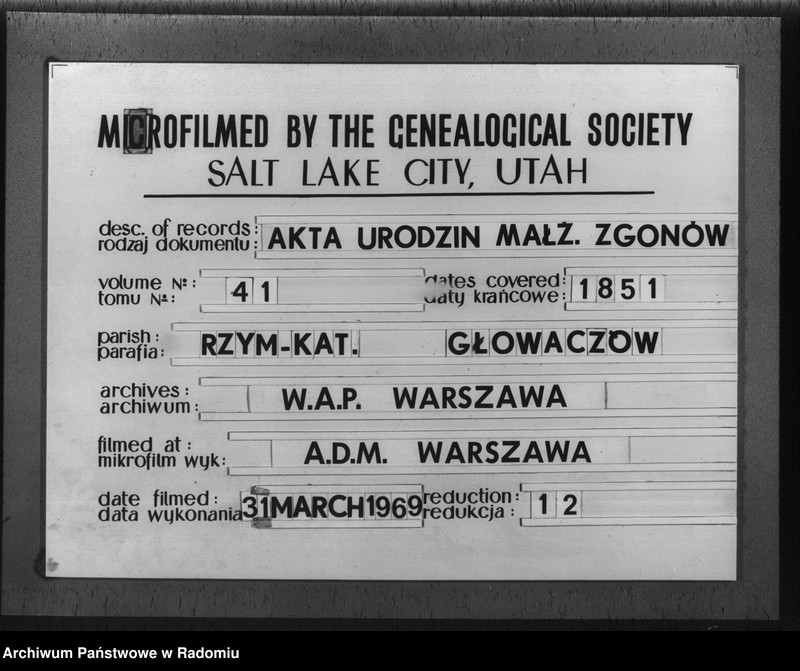 image.from.unit.number "Duplikat akt urodzonych, zaślubionych i zmarłych z parafii Głowaczów na rok 1851"