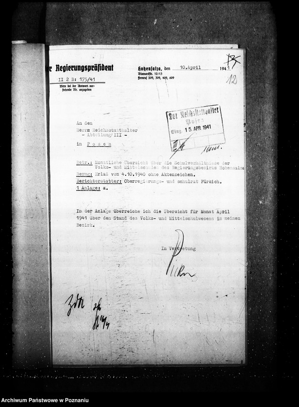 Obraz 16 z jednostki "Monatliche übersichten über die Schulverhältnisse- Regierungsbezirk Hohensalza (Inowrocław)"