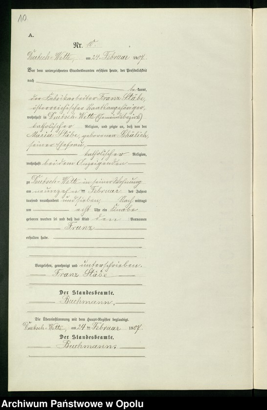 Obraz 14 z jednostki "Geburts-Neben-Register des Standesamts Deutsch Wette pro 1907"