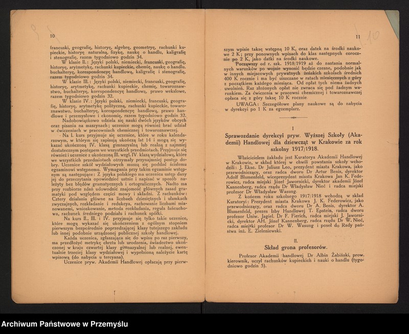 image.from.unit.number "I Sprawozdanie Dyrekcji Pryw[atnej] Wyższej Szkoły (Akademii) Handlowej dla Dziewcząt w Krakowie za rok szkolny 1917/18"