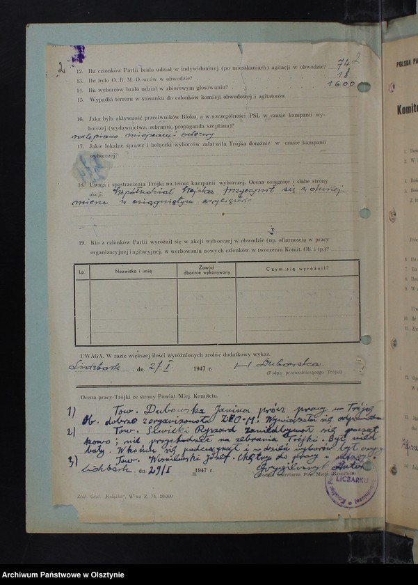 image.from.unit "Materiały sprawozdawcze KM PPR, protokoły posiedzeń KM, aktywu miejskiego, sprawozdania, rezolucje, Koła miejskie miasta Lidzbark przy: Biurze Informacji i Propagandy, Centrali Tekstylnej, KM PPR, Komendzie Powiatowej Milicji Obywatelskiej, Komitecie Powiatowym PPR, PKP, "Kupców" i "Rzemieślników", Lidze Kobiet, "Nauczycielskie", "Odbudowa". "Poczcie", Powiatowym Urzędzie Samochodowym, P.P.T i MR, PUBP, PUR, Samopomocy Chłopskiej"