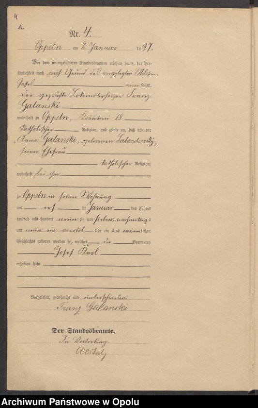 Obraz 8 z jednostki "Urząd Stanu Cywilnego w Opolu 1897 Rejestr Urodzeń Księga Miejscowa Nr 1 do 554"