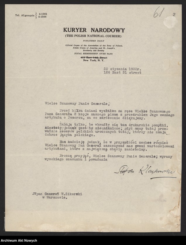 Obraz z jednostki "Kleczkowski Stefan, dziennikarz polonijny. Publikacja artykułu Władysława Sikorskiego o Pomorzu i oświadczenia o niebezpieczeństwie wojny."