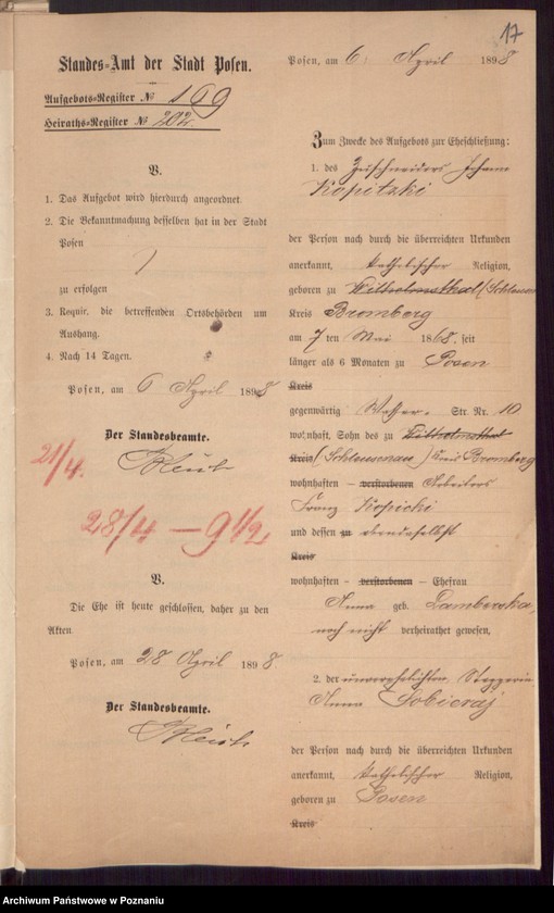 Obraz 19 z jednostki "Die von den Verlobten beigebrachten Urkunden zur Eheschliessung pro 1898"