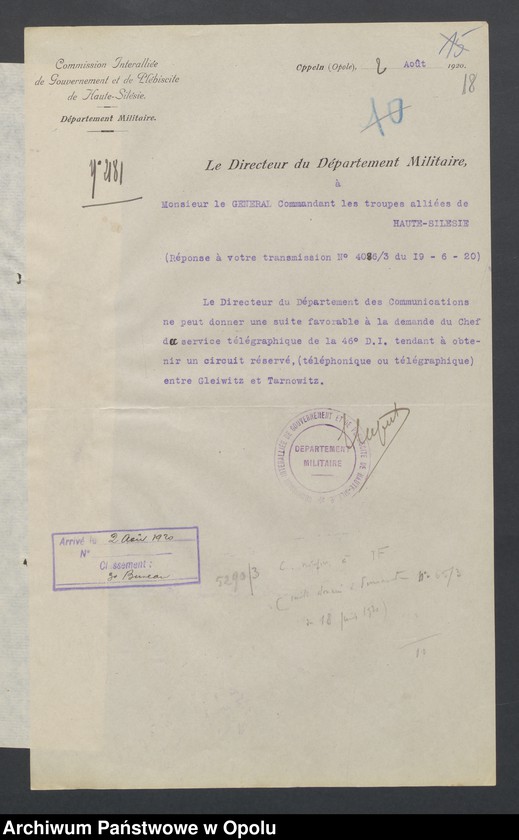 Obraz 19 z jednostki "Entress /Korespondencja wpływająca pochodząca od władz wyższych i jednostek podległych - pisma, zarządzenia/ 30.06.-29.10.1920"