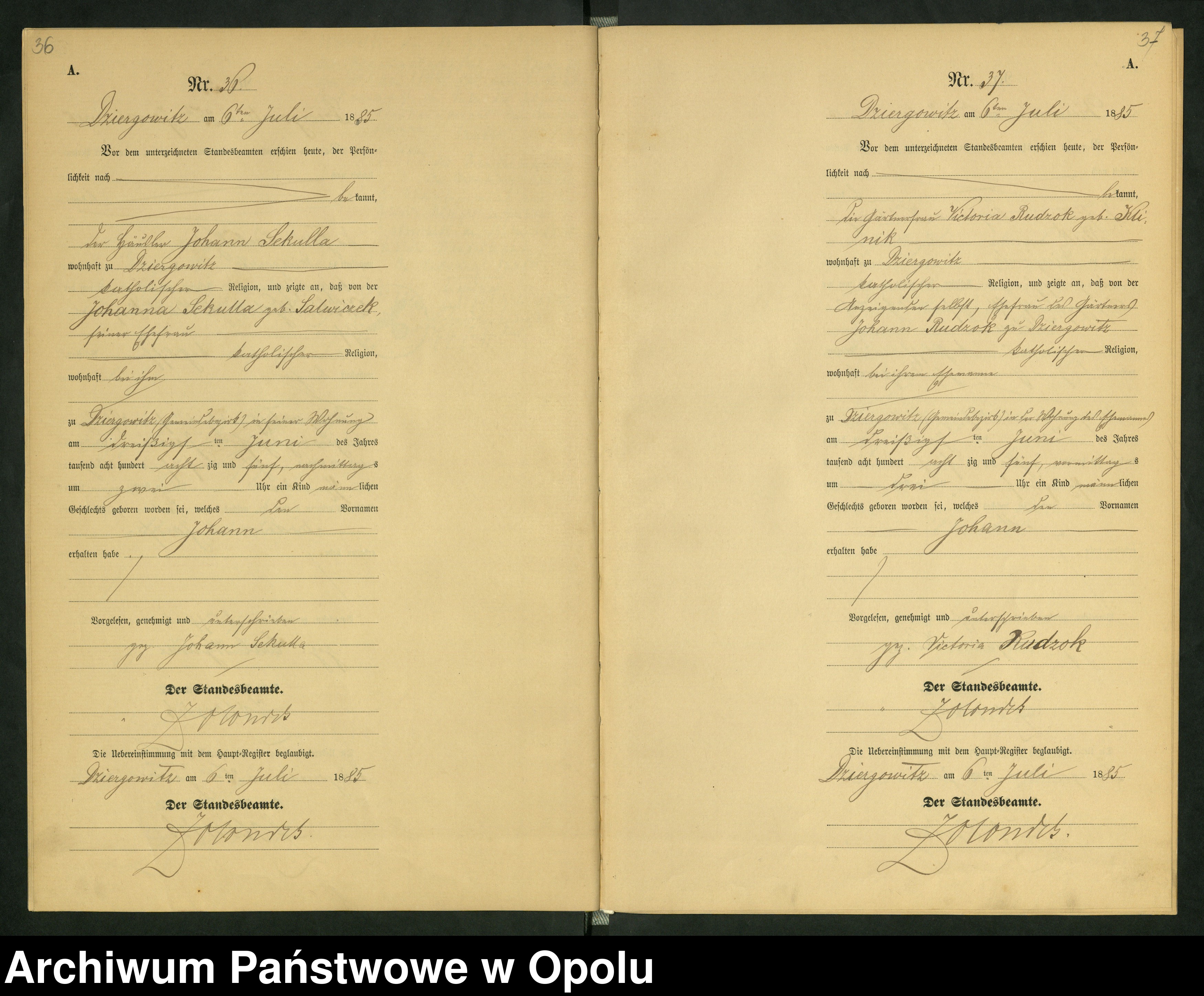 Skan z jednostki: Urząd Stanu Cywilnego Dziergowice Księga urodzeń rok 1885-86