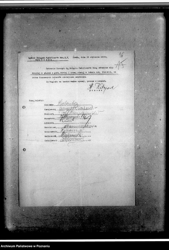 Obraz 20 z jednostki "Sprawozdania miesięczne oraz korespondencja koła w Środzie w sprawie przyjęcia na członka, powiadomienia o zebraniach, zaproszenia"