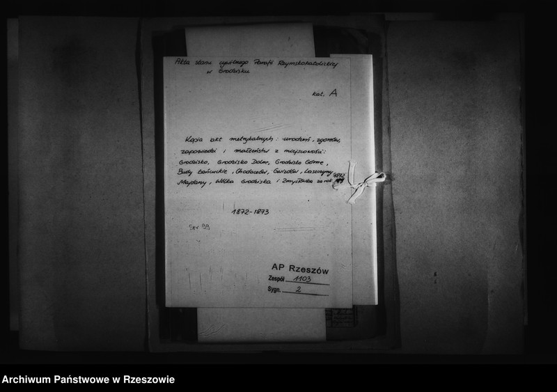 image.from.unit "Kopia akt metrykalnych : zapowiedzi małżeństw, urodzeń i zgonów: Grodzisko, Grodzisko Dolne, Grodzisko Górne, Budy Łańcuckie, Chodaczów, Gwizdów, Laszczyny, Majdany, Wólka Grodziska i Zmysłówka za 1872 rok"