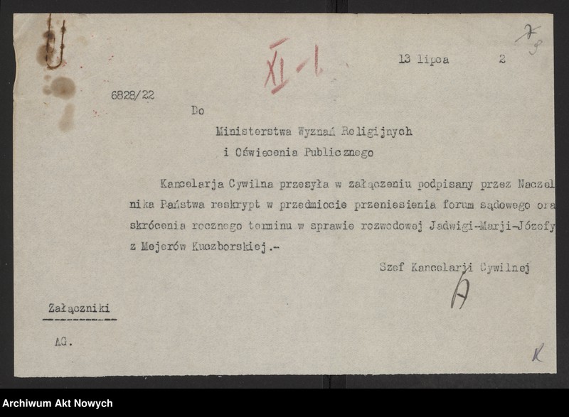 image.from.unit.number "Przeniesienie forum sądowego spraw rozwodowych do Sądów Konsystorskich Ewangelicko - Augsburskiego i Ewangelicko - Reformowanego oraz skrócenie rocznego terminu zapozwu w sprawach rozwodowych, rozpatrywanych przed najwyższymi sądami. Reskrypty Naczelnika Państwa, wnioski, korespondencja z Min. Wyznań Religijnych i Oświecenia Publicznego"