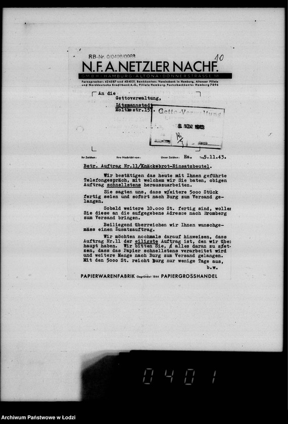 Obraz 14 z jednostki "F-ma N.F.A.Netzler-Hamburg Papierbeutel. Auftrag 11"