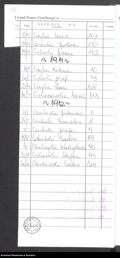 Obraz 12 z jednostki "[Skorowidz alfabetyczny do akt małżeństw i zgonów] za lata 1905-1912]"