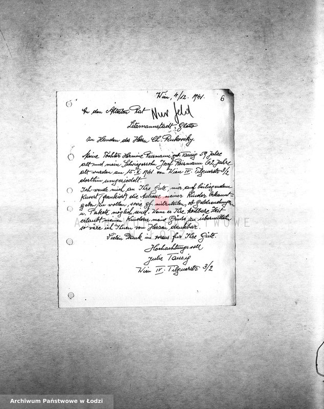 Obraz 8 z jednostki "[Korespondencja z osobami w różnych krajach w sprawie informacji o Żydach zamieszkałych w getcie łódzkim, wsiedlonych z Wiednia]"