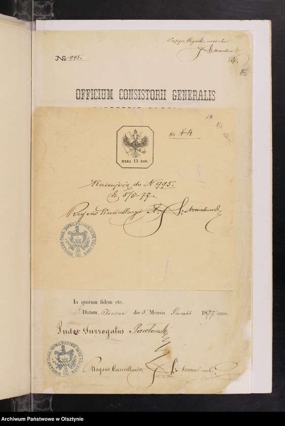 image.from.unit.number "Dokumenty Prinadležiŝìe k˝ Aktam˝ vstupivših˝ v˝ zakonnyj Brak˝ v˝ Ânoveckom˝ Prihodî v˝ 1877 goda [Annexa do akt stanu cywilnego Parafii Janowiec w 1877 roku]"