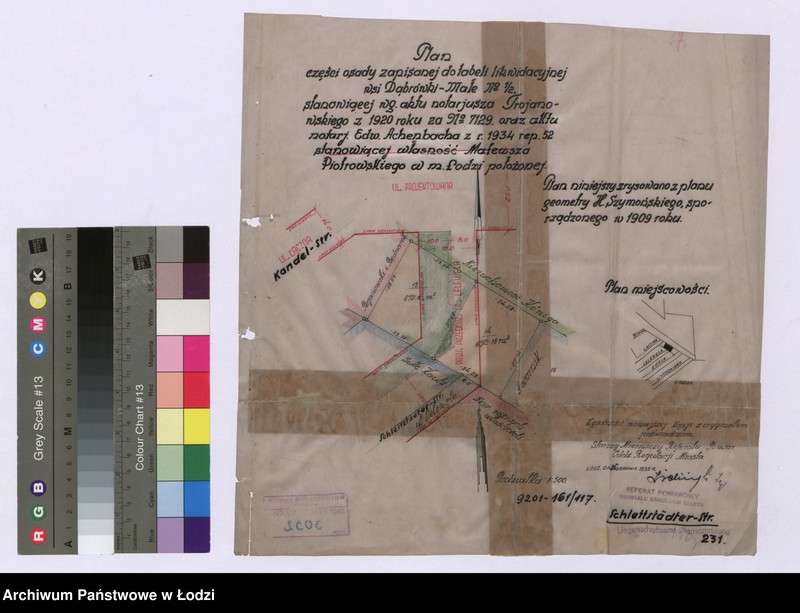 image.from.unit "Plan części osady zapisanej do tabeli likwidacyjnej wsi Dąbrówki Małe No 1/2 wg aktu notariusza Trojanowskiego z 1920 roku za No 7129 oraz aktu notariusza Edwarda Achenbacha z r. 1934 rep. 52 stanowiącej własność Mateusza Piotrowskiego w m. Łodzi położonej"