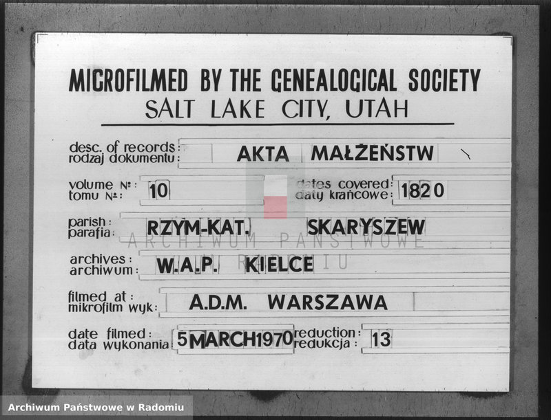 Obraz 1 z jednostki "Akta stanu cywilnego parafii Skaryszów małżeństw na rok 1820"