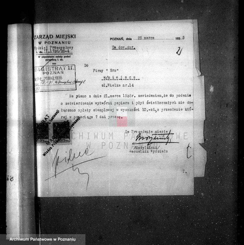 image.from.unit.number "Zatwierdzenie zakładu przemysłowego /wytwórni papirusu i płyt światłoczułych/ własność Kaiser Poznań Rataje"