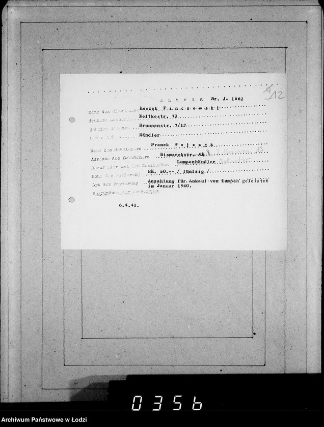 Obraz 16 z jednostki "J.1561-1580 [Wnioski Żydów z Getta o zwrot należności za towar wzięty na kredyt]"