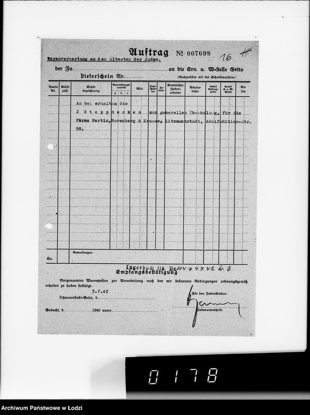 Obraz 20 z jednostki "Pelzabteilung. Warenverwertung an firma Martin Norenberg u.Krause Litzmannstadt"