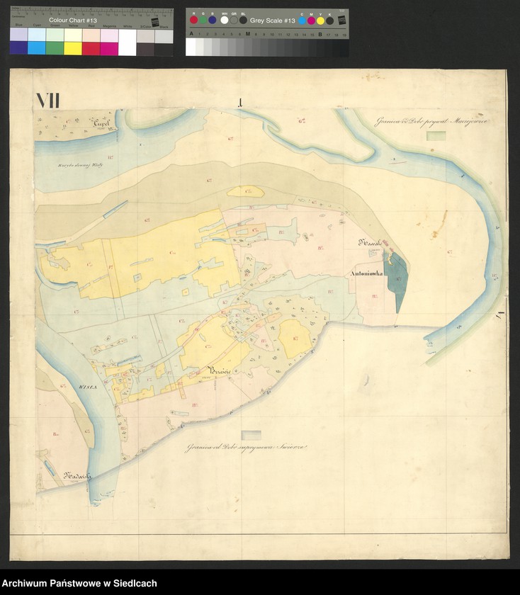 image.from.unit.number "WILCZKOWICE GÓRNE dobra ziemskie (donacja), gubernia sandomierska, obwód radomski.  Odrys pomiaru donacji Wilczkowice Górne składające się z folwarków Wilczkowice Górne, wsi Wilczkowice Górne, Wola Chodkowska, Kraski Górne, Kraski Dolne, osady Antoniówka z częścią lasu leśnictwa Kozienice.  Granice z: dobra prywatne Maciejowice, dobra Świerze, lasy rządowe.  Rzeka Wisła i jej rozlewiska.  Wieś Kraski Górne, osada Antonówka.  Zabudowania wsi Kraski Górne i osady Antonówka."