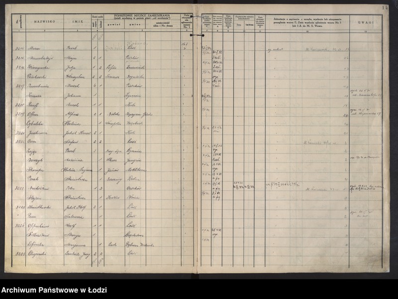 Obraz 16 z jednostki "Księga kontroli ruchu ludności (rejestr osób przybywających do gminy) Łódź, komisariat VII, ks. II, nr 3051-6051"
