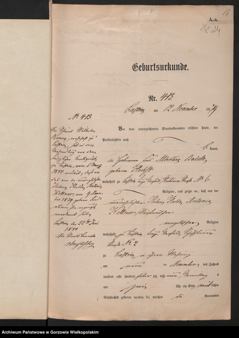 image.from.unit.number "Nebenregister des Standesamts zu Küstrin"