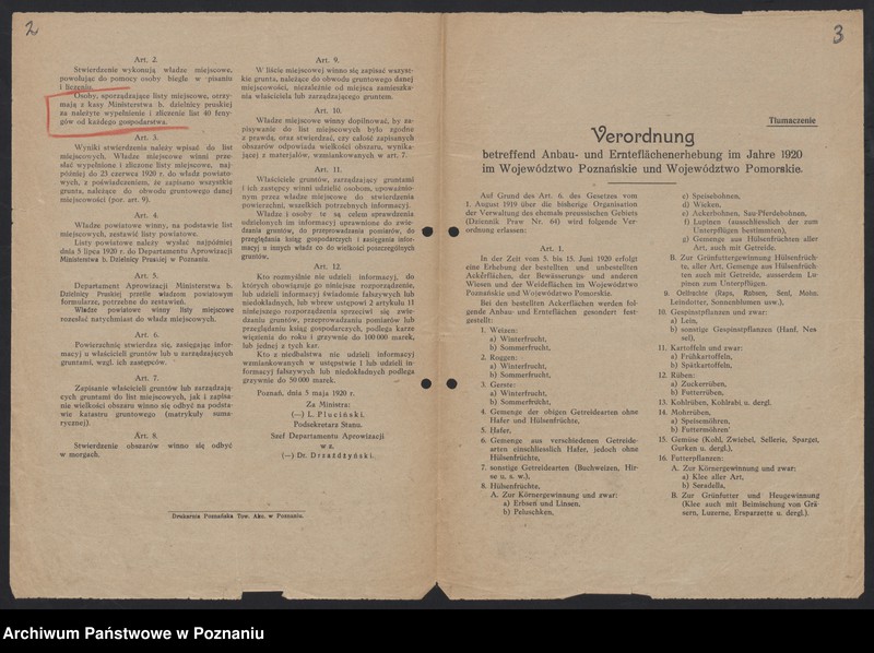 Obraz 4 z jednostki "[Wyniki oszacowania plonów roślin okopowych w Księstwie Poznańskim w roku 1919] i Rozporządzenie dotyczące stwierdzenia powierzchni zasiewów w roku 1920"