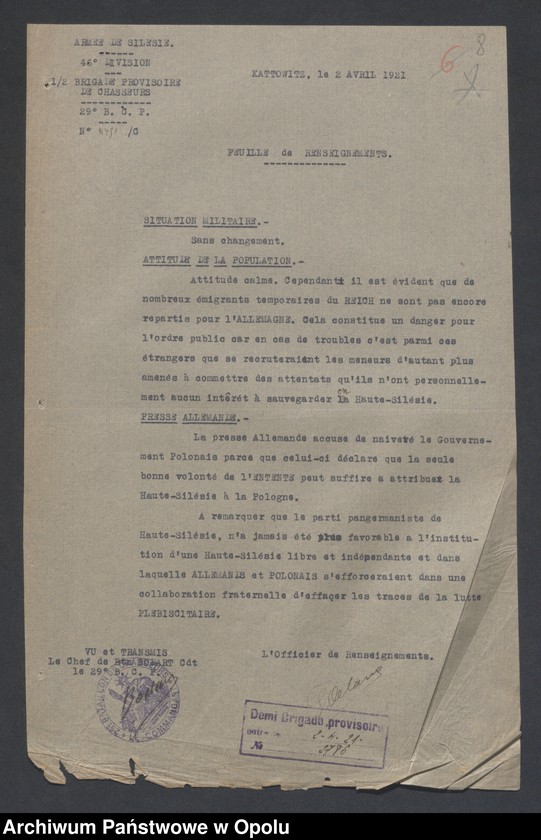 Obraz 11 z jednostki "/Meldunki dzienne o sytuacji w rejonach postoju wojsk - wiadomości ekonomiczne, polityczne i wojskowe, m.in. propaganda komunistyczna/ IV 1921"