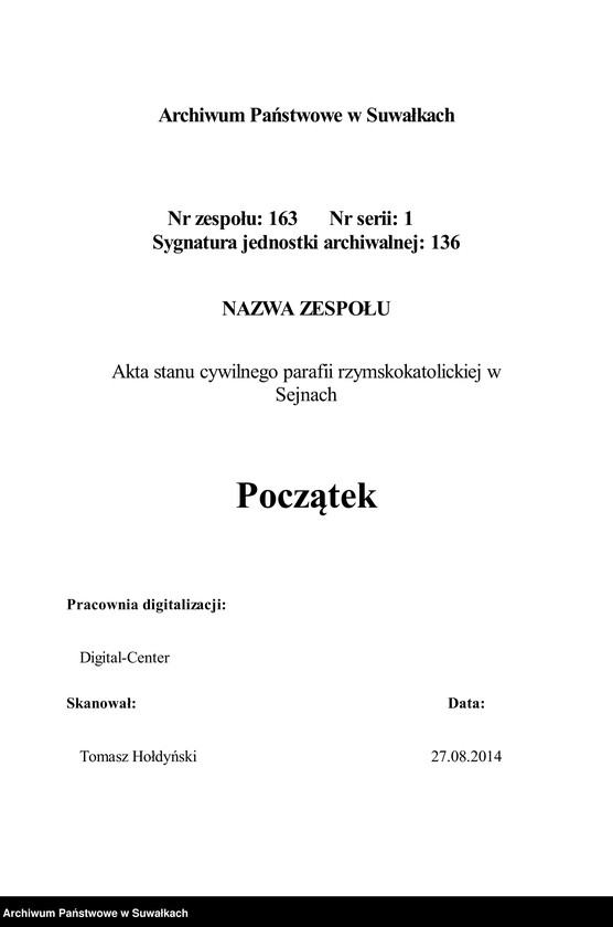 Obraz 3 z jednostki "[Księga akt urodzeń, małżeństw i zgonów parafii rzymskokatolickiej w Sejnach]"