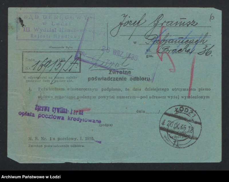 Obraz 8 z jednostki "Józef Gramsz- handel trzepaczkami i tkackimi odpadkami wełny i bawełny"