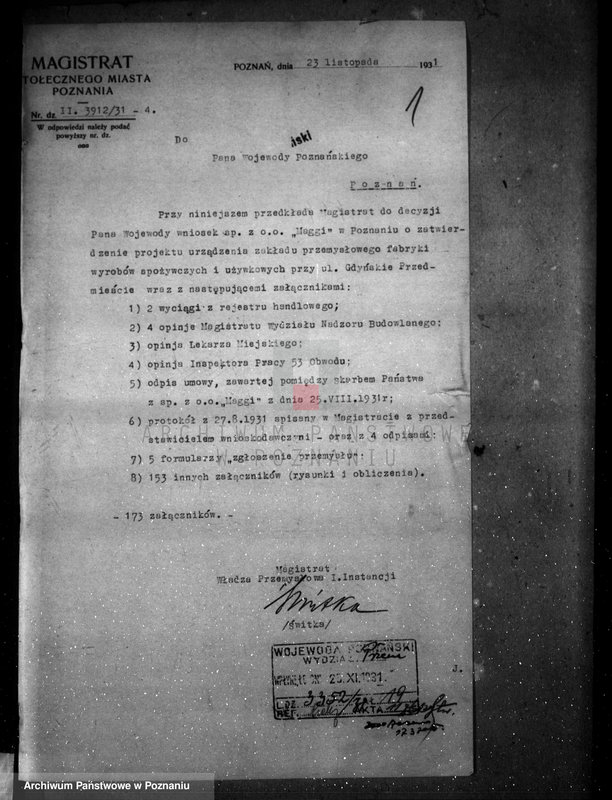 Obraz 5 z jednostki "Zatwierdzenie projektu zakładu przemysłowego urządzenia wytwórni artykułów spożywczych nr 479 własność Firma "Maggi" spółka z o. o. w Poznaniu"