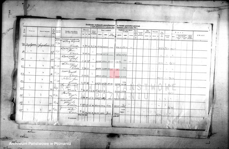 Obraz 8 z jednostki "Ewidencja udzielonych przywłaszczeń obiektów sprzedanych na zasadzie umów markowych /poz. 3 Uchwały Rady Ministrów z dnia 12.V.1933 r./"