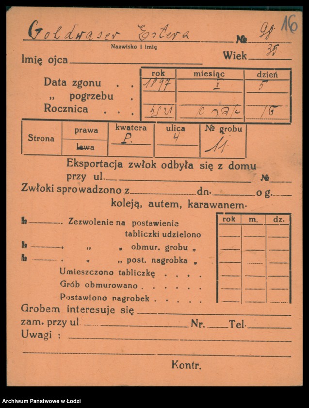 Obraz 17 z jednostki "Kartoteka osób pochowanych na cmentarzu żydowskim przy ulicy Brackiej w latach 1892-1959. Nazwiska na litery: Goldw-Gö"