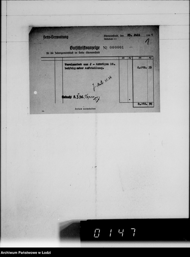 Obraz 5 z jednostki "Gutschriftsanzeigen für die Judengemeinschaft im Getto Litzmannstadt Nr 000001"