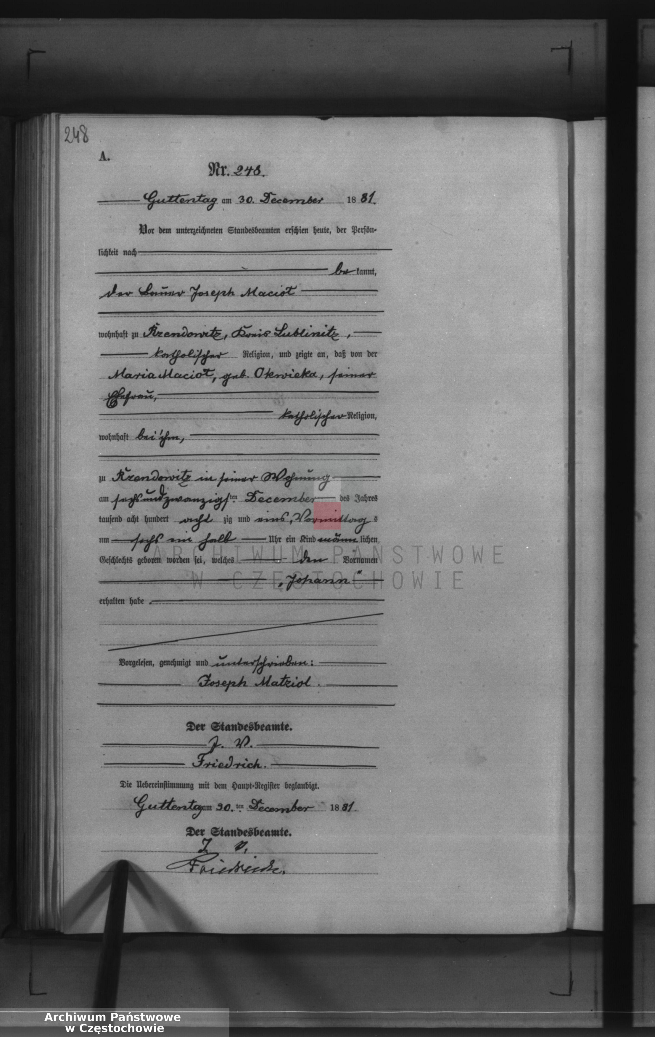 Skan z jednostki: Geburts - Neben Register des Königlich Preussischen Standesamts Guttentag im Kreise Lublinitz pro 1881.