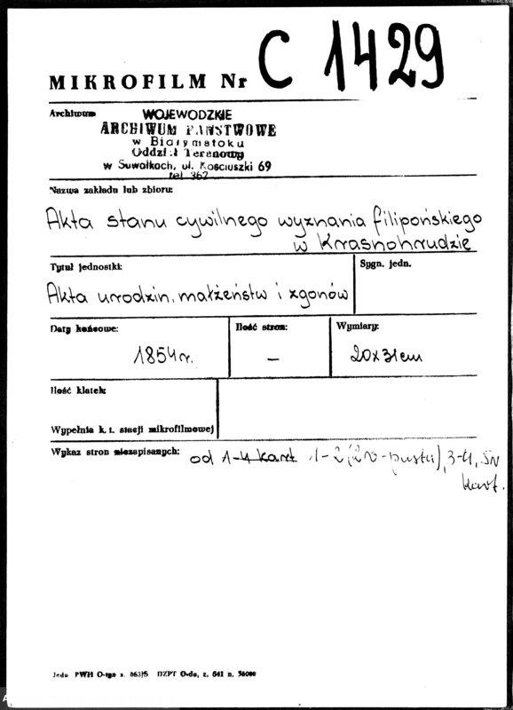 image.from.unit.number "Duplikat Urodzonych Zaślubionych i zmarłych Sekty Filiponów z Gminy Krasnohruda na rok 1854"