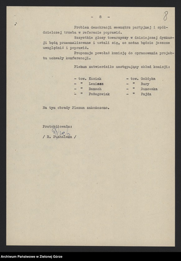 image.from.unit.number "Protokół plenarnego posiedzenia nt.: Przyjęcie referatu sprawozdawczego na Konferencję Wojewódzką, sprawy organizacyjne. 14 stycznia 1956 r."