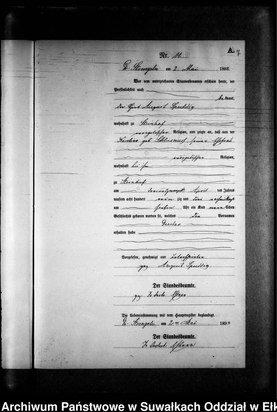 image.from.unit.number "Geburts-Neben-Register des Preussischen Standes-Amtes Gr. Strengeln Kreis Angerburg"