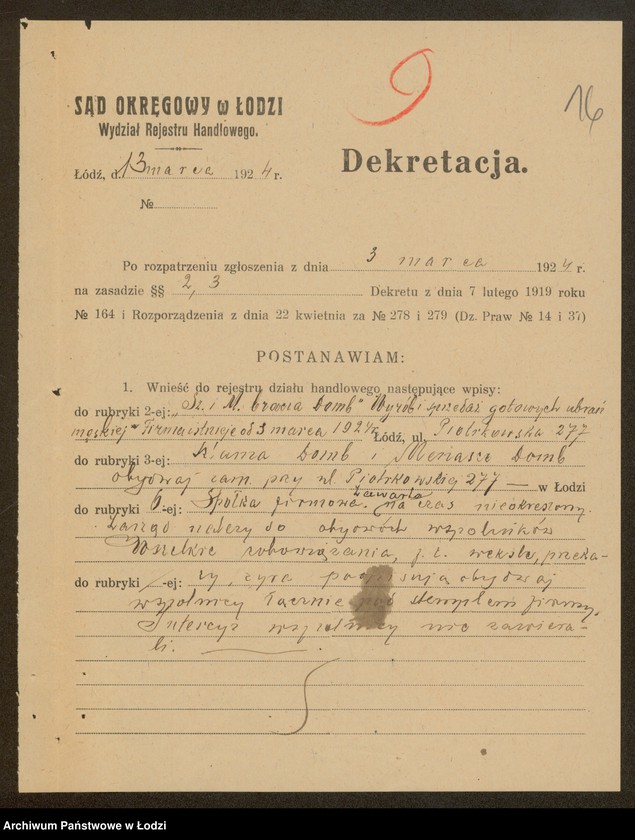 Obraz 18 z jednostki "Sz. I M. Bracia Domb- wyrób i sprzedaż gotowych ubrań"