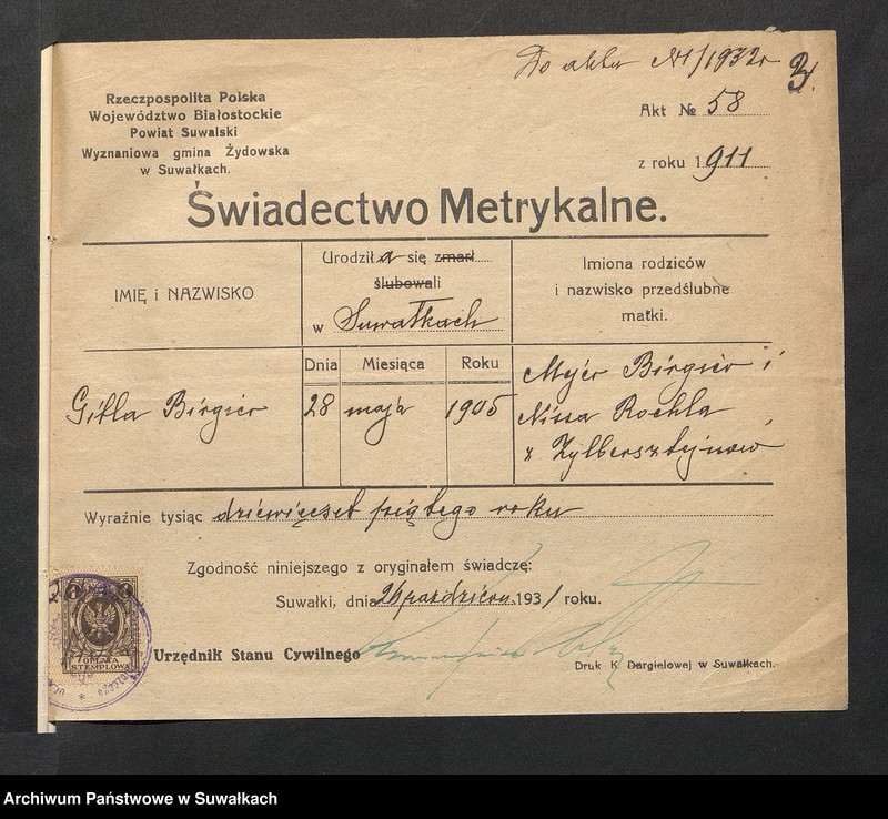 image.from.unit.number "Dowody do aktów ślubu Suwalskiego Okręgu Bożniczego 1932 rok"