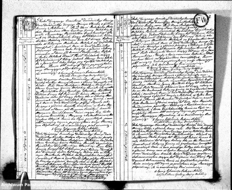 Obraz 4 z jednostki "Księga Aktów Zeyscia Urzędnika Stanu Cywilnego Gminy Metelskiey Pttu Seyneńskiego Woiewództwa Augustowskiego Od dnia 1-o Stycznia Tysiąc Osimset Dwodziestego Trzeciego roku 1823"