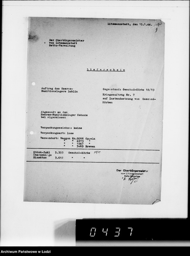 Obraz 15 z jednostki "Auftrag 5934. Warenverwertung an den Judenältesten für Munitionslager Lublin. Geschosskörbe"