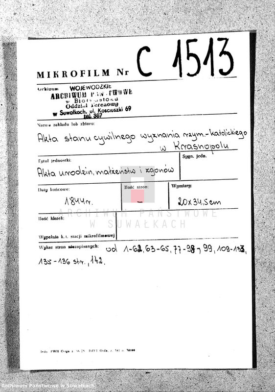 image.from.unit.number "Duplikat Akt Urodzonych, Zaślubionych i Umarłych Parafii Krasnopolskiey z Roku 1844."