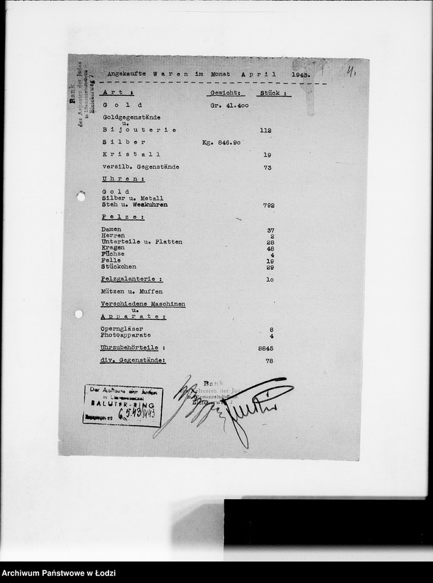 Obraz 8 z jednostki "Monatliche Warenbestandsmeldungen der Bankabteilung des Judenältesten"