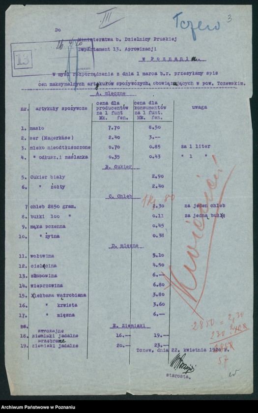 Obraz 5 z jednostki "[Wykazy cen maksymalnych Województwa Pomorskiego za miesiąc kwiecień 1920 roku]"