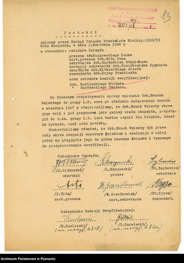 Obraz 16 z jednostki "Współdziałanie Zarządu Głównego Związku Powstańców Wielkopolskich z kołami: 1. Leszno [1947] 2. Łowyń [1946] 3. Margonin [1946-1948] 4. Miejska Górka [1949] 5. Mieszków [1946-1947] 6. Międzychód [1946-1948] 7. Mogilno [1946-1947] 8. Mosina [1946] 9. Mrocza [1947] 10. Nakło [1945-1949] 11. Oborniki [1947] 12. Osieczna [1948] 13. Ostrów Wielkopolski [1946-1947] 14. Piaski [1948] 15. Pleszew [1947-1948] 16. Podolin [1947-1948]"