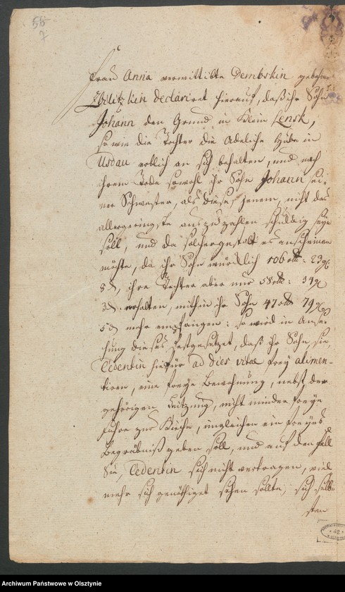 image.from.unit.number "In S. [Sachen] der Wittwe des verstorbenen Andreas Dembski Anna geb. [geborene] Sbilitzkin/ Zbilitzkin wegen der ihrem leibl. [leibliche] Sohn dem Johann Dembski erb und eigenthümlich überlassenen 1 1/2 adel. [adeliche] Hube zu Kl. [Klein] Lentzko [Mały Łęck]"