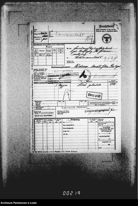 Obraz 8 z jednostki "Frachtbriefe [Kolejowe listy przewozowe różnych towarów do Getta w Łodzi]"