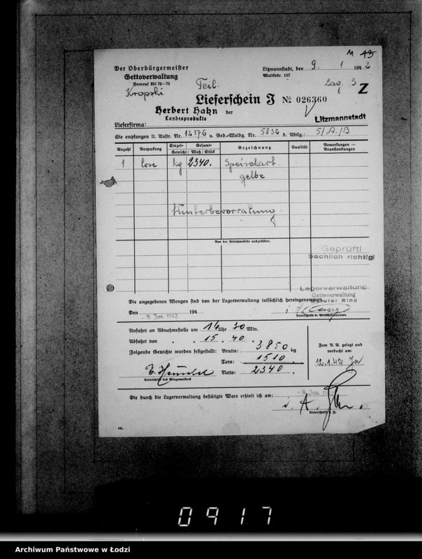 Obraz 15 z jednostki "Aufträge [Lieferscheinen und Rechnungen] 12321-12376 Lebensmitteleinkauf 5/Mü [Dostawa żywności dla Getta i dla obozu cygańskiego]"